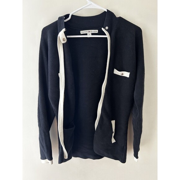 Tommy Hilfiger Full Zip Sweater Jacket  Womens M Black Preppy Logo Nautical - Picture 1 of 7